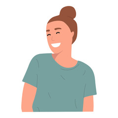 Portrait of a joyful girl with a wide smile, red hair gathered in a bun, hands down, flat illustration. Isolated on white background, mock up for website, advertising