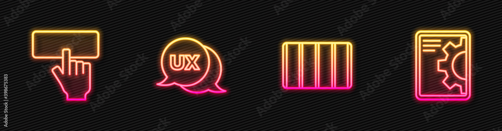 Wall mural set line color palette guide, keyboard, ui ux design and web development. glowing neon icon. vector.