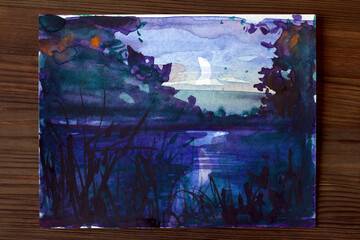 Moonlit night over the river. A dream in a summer night. Watercolor painting.