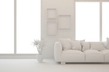White minimalist living room with sofa. Scandinavian interior design. 3D illustration