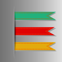 Three multi-colored bookmarks with shades of green, yellow and red with orange stitching. Volumetric illustration.