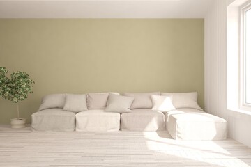 White living room with sofa. Scandinavian interior design. 3D illustration