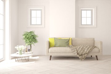 White living room with sofa. Scandinavian interior design. 3D illustration