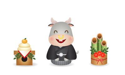 Cute ox sitting in Japanese kimono style between kagamimochi and kadomatsu. Japan new year celebration. Vector clip art isolated on white