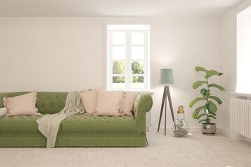 White living room with sofa. Scandinavian interior design. 3D illustration
