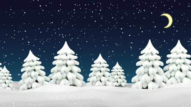 Christmas Winter forest - moving background. Snow-covered trees in snowdrifts. Christmas snowfall. 3d looped animation.