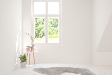 White empty room with summer landscape in window. Scandinavian interior design. 3D illustration