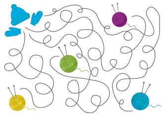 Maze for children. Connect the hat and balls. A game of mindfulness.