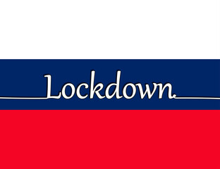 Vector illustration. Russia lockdown preventing coronavirus spread or outbreak. Continuous one line drawing - lettering Lockdown on the Russian flag.