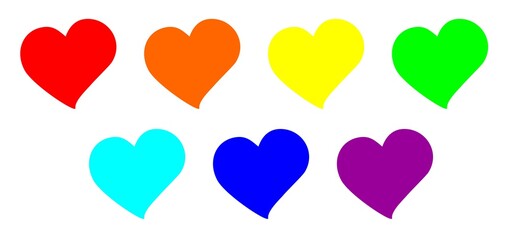 Vector image of seven multi-colored hearts. Hearts are symbols of love painted with bright colors of the rainbow. Multicolored background