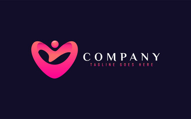 Creative Love Symbol Logo Design. Abstract Heart Shape Combine With People Silhouette, Usable For Business, Community, Industrial, Foundation, Tech, Services Company. 