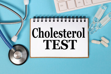 CHOLESTEROL TEST. text on white paper on blue background Medical concept.
