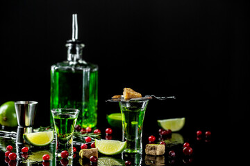 Traditional set for drinking Absinthe. Alcohol, luxurious spirits and dangerous liquor absinthe....