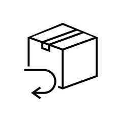 Logotipo devolucion gratis del envío. Icono caja de cartón con flecha girando con lineas en color negro