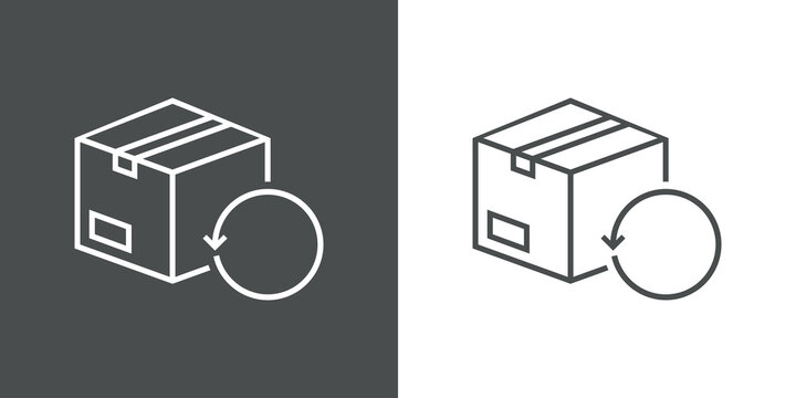 Logotipo devolucion gratis del envío. Icono caja de cartón con flecha girando con lineas en fondo gris y fondo blanco