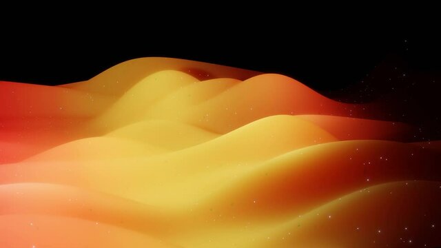 Abstract 3D surface with beautiful waves, luminous sparkles and bright color gradient red orange yellow. Waves run matte surface with glow glitter. 4k looped animation