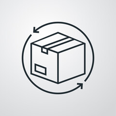 Logotipo devolucion gratis del envío. Icono caja de cartón con flecha girando alrededor con lineas en fondo gris