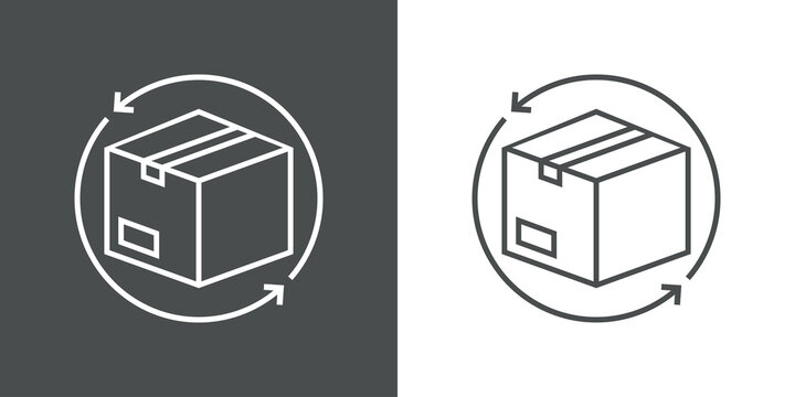 Logotipo devolucion gratis del envío. Icono caja de cartón con flecha girando alrededor con lineas en fondo gris y fondo blanco