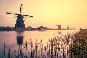 Kinderdijk windmills at sunset. Netherlands 