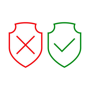 Seguro e inseguro. Logotipo con escudos con aspa y tilde con lineas en color verde y rojo