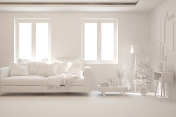 White minimalist living room with sofa. Scandinavian interior design. 3D illustration