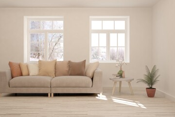 White living room with sofa and winter landscape in window. Scandinavian interior design. 3D illustration