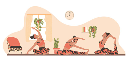 Woman practicing yoga at home. The concept of health, meditation, sports. Cute vector illustration