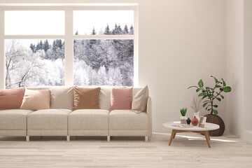 White living room with sofa and winter landscape in window. Scandinavian interior design. 3D illustration