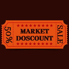 Orange, yellow 50 percent discount coupon in vintage style with shadow on brown background. Vector illustration.