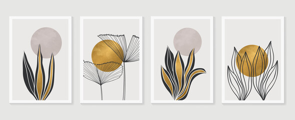 Gold Botanical wall art vector set. Earth tone boho foliage line art drawing with  abstract shape.  Abstract Plant Art design for print, cover, wallpaper, Minimal and  natural wall art. © TWINS DESIGN STUDIO