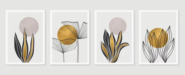 Gold botanischer Wandkunst-Vektorsatz. Erdfarbene Boho-Laublinienkunstzeichnung mit abstrakter Form. Abstraktes Pflanzenkunstdesign für Druck, Cover, Tapete, minimale und natürliche Wandkunst. © TWINS DESIGN STUDIO