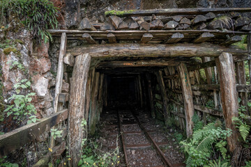 old abandoned mine. The tunnel is reinforced with wood