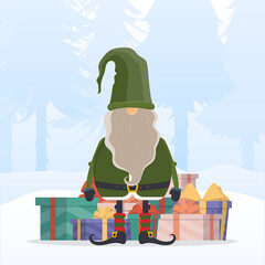 Christmas gnome with a mountain of gifts in a snowy forest. Winter, a man with a beard in green clothes. Suitable for postcards and books. Vector.