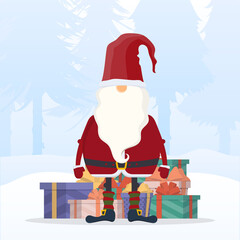 Santa Claus with a mountain of gifts in a snowy forest. Suitable for postcards and books. Vector.