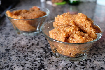 Turkish Semolina Dessert in bowl. Halva is Traditional Food. It is called 