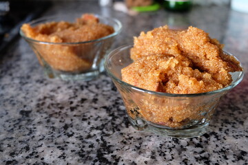 Turkish Semolina Dessert in bowl. Halva is Traditional Food. It is called 