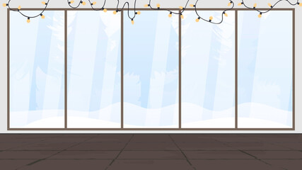 A party room with a large panoramic window overlooking the forest. New year concept. Vector.