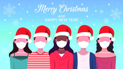 Group of people wearing medical mask celebrating christmas.For posters, Banners,Christmas card.Vector illustration.	

