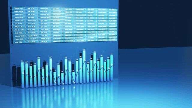 abstract dashboard with statistics, infographics, columns and graphs, ticker. Blue background for analytical shows and programs with copy space in 4k