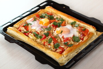 Ready to eat pie garnished with chopped parsley. Making Chicken and Egg Galette Series.