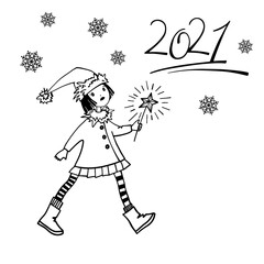 New Year 2021. Happy girl with Christmas star. Hand drawn sketch style. Vector illustration isolated on white