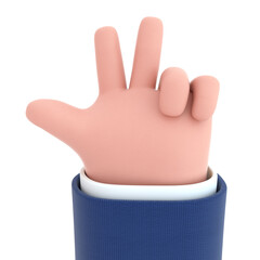 3D illustration. Hand showing two fingers or peace sign hand icon. Hand in cartoon style not white background.