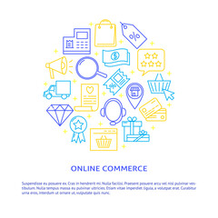 Online commerce round concept banner with place for text
