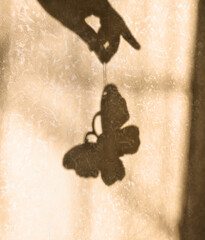 blurred view shadow on beige wall with neutral pattern female hand and christmas toy butterfly , authentic home concept