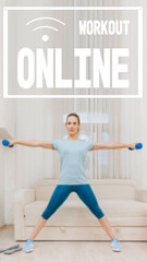 Fit healthy strong woman exercising with dumbbells at home, physical fitness health without a gym, image with text workout online and oriented for use on a smartphone.