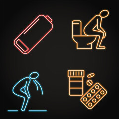 Neon stomach problems icon set in line style