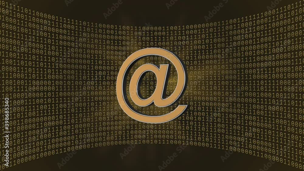 Poster abstract data flow motion background - rotating at sign in front of a virtual studio wall of random 