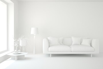 White minimalist living room with sofa. Scandinavian interior design. 3D illustration