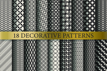 Set of seamless vector geometric patterns. Collection black and white abstract geometrical backgrounds for design, fabric, textile, wrapping etc.	