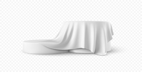 Realistic 3d round white product podium display covered fabric drapery folds isolated on white background. Vector illustration